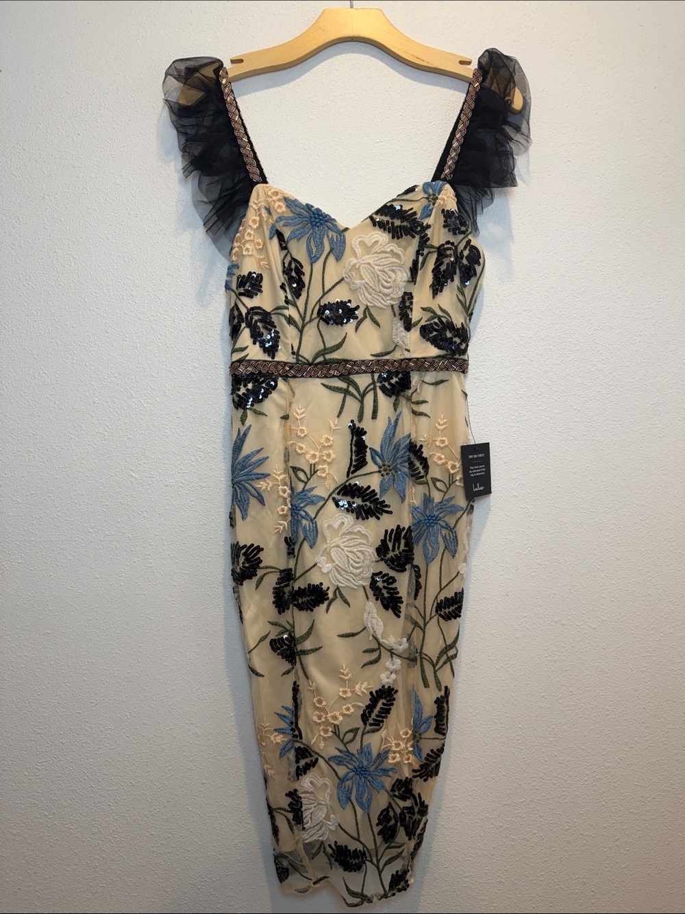 Lulu's Beige Midi Dress with Blue, Black & White Floral Embroidery